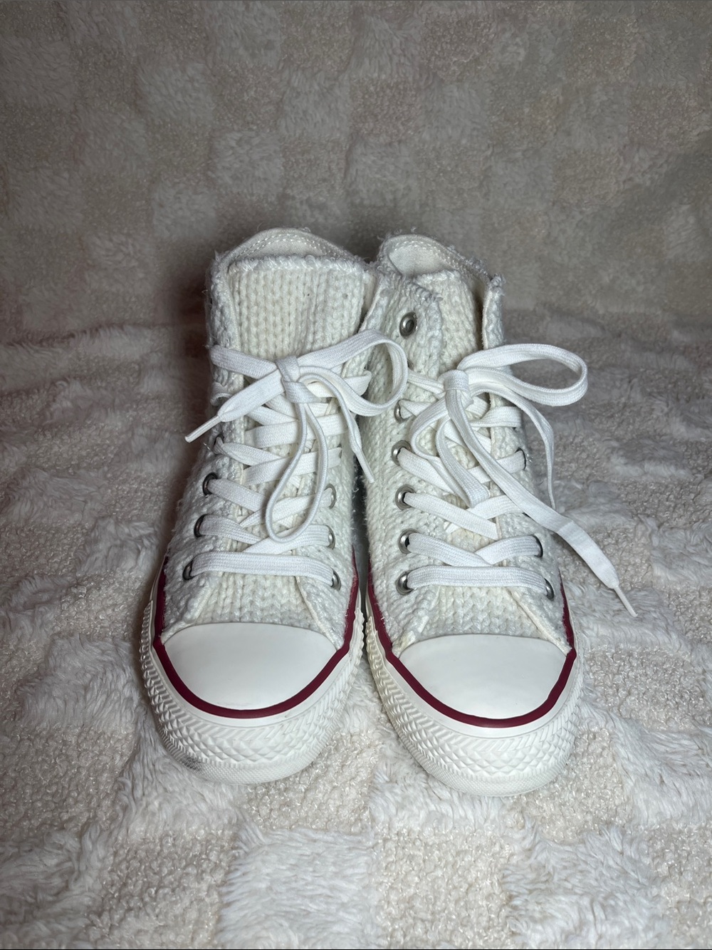 Converse Cream Knit High-Top Sneakers with Maroon Accent